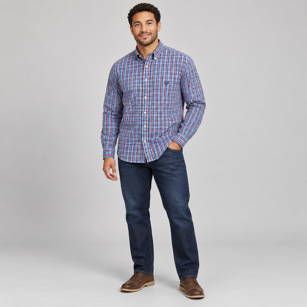 Chaps Easy Care Men’s Large Red Blue Plaid Long Sleeve Button Down Shirt